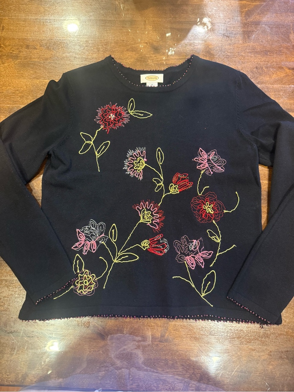 Talbots Flower Embroidered Black Sweater with beaded trim - size Medium